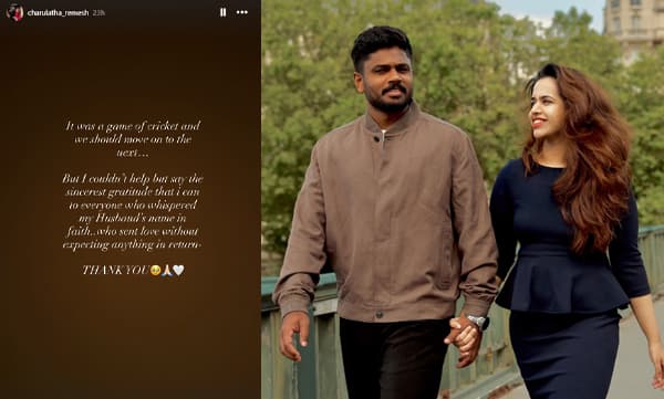 Sanju Samson's wife charu's thanksnote for fans and well wishers (Image Source: Instagram)