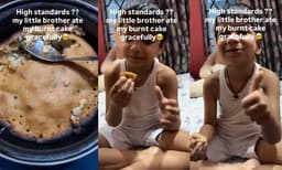 Little brother eats burnt cake which is prepared by his sister (Image Source: Instagram)