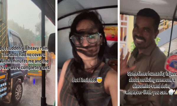 മനുഷ്യത്വം ഇന്നും വറ്റിയിട്ടില്ല: കനത്ത മഴയില് ഇരുവരും നനഞ്ഞു, ഓട്ടോ ഡ്രൈവര്ക്ക് ഷര്ട്ട് സമ്മാനമായി നല്കി യുവതി