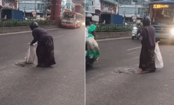 അധികാരികൾ കണ്ണടച്ചു; റോഡിലെ കുഴി സ്വയം നികത്തി യുവതി, പ്രതിഷേധവുമായി സോഷ്യൽ മീഡിയ