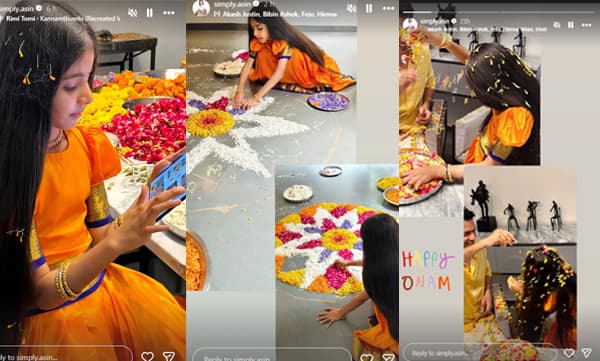 പട്ടുപാവാടയണിഞ്ഞ് പൂക്കളമിട്ട് മകള് അറിന്; കുടുംബത്തോടൊപ്പമുളള ഓണാഘോഷത്തിന്റെ ചിത്രങ്ങളുമായി അസിന്